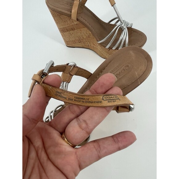 Coach Georgiana Womens Wedge Sandal Metallic Strappy Leather Platform Cork 6.5 - Picture 13 of 14